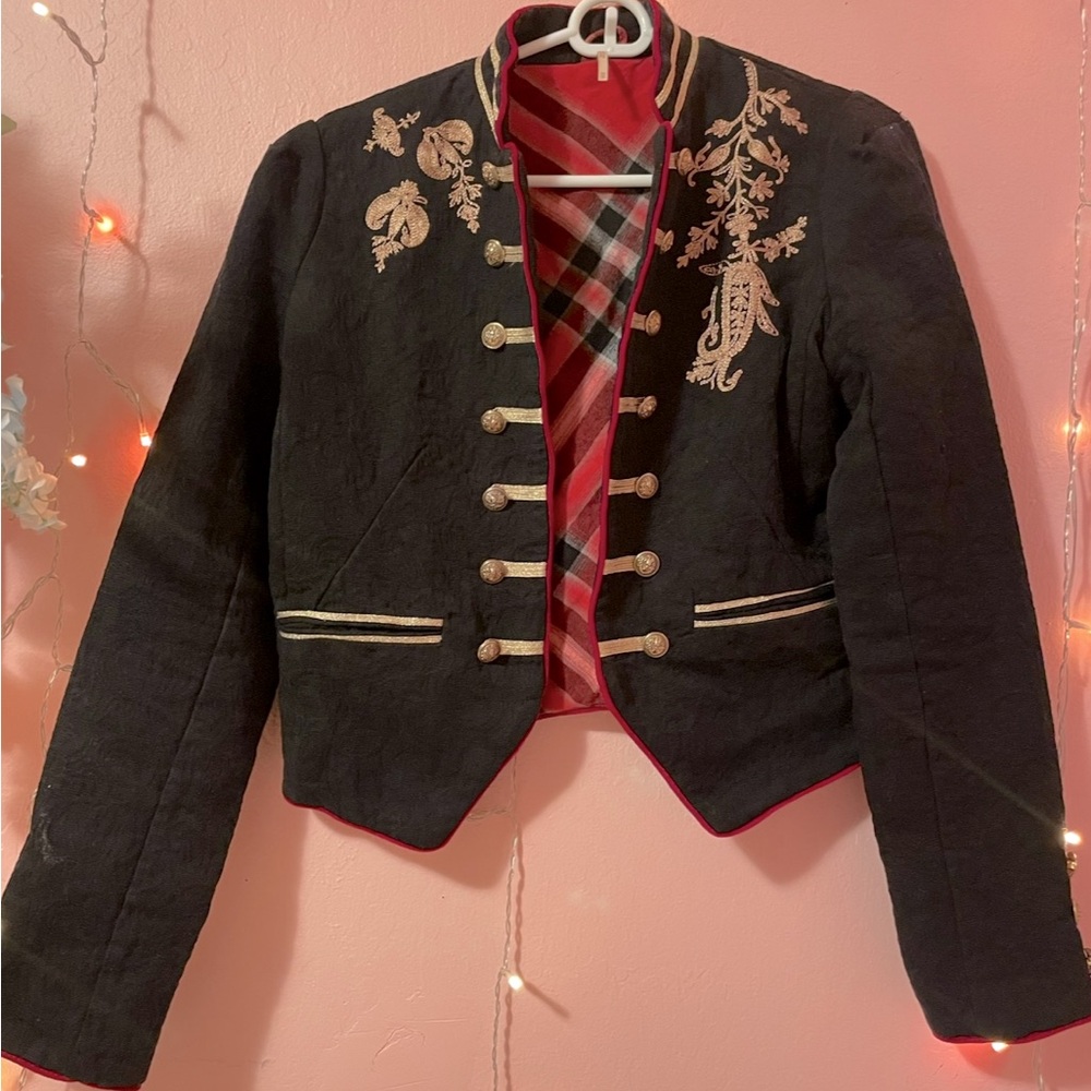 XS Free People Napoleon style cropped blazer red and black with gold embroidery